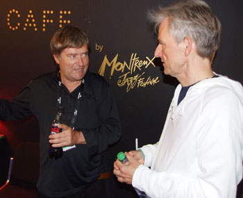 Phillipe Nicolet (left) making conversation with Asbjørns manager Jesper Bay at the Montreux Jazz Café.